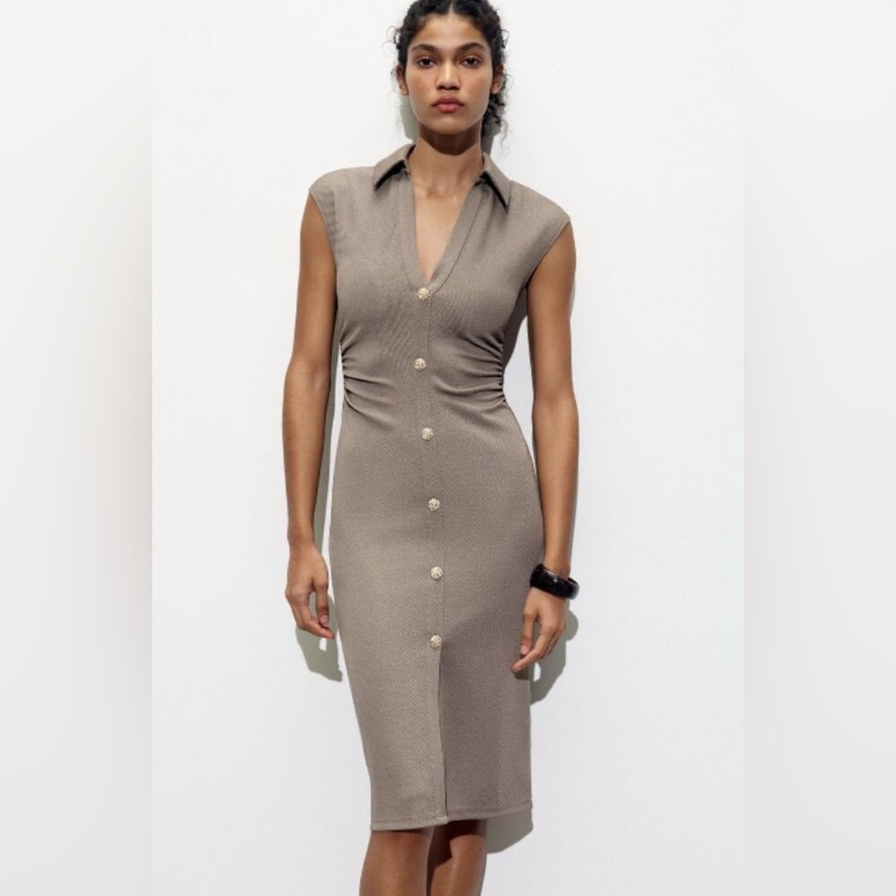 Zara Pique Shirt Dress in Beige